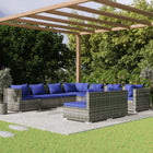 9-Delige Loungeset Met Kussens Poly Rattan Grijs En Donkerblauw 3x hoek + 6x midden