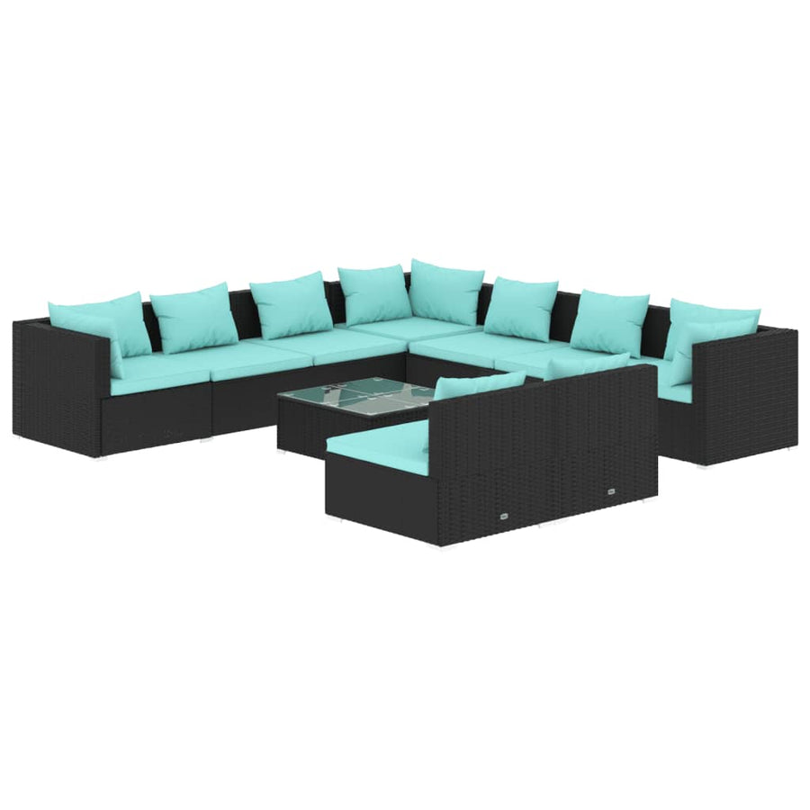 10-delige Loungeset met kussens poly rattan zwart