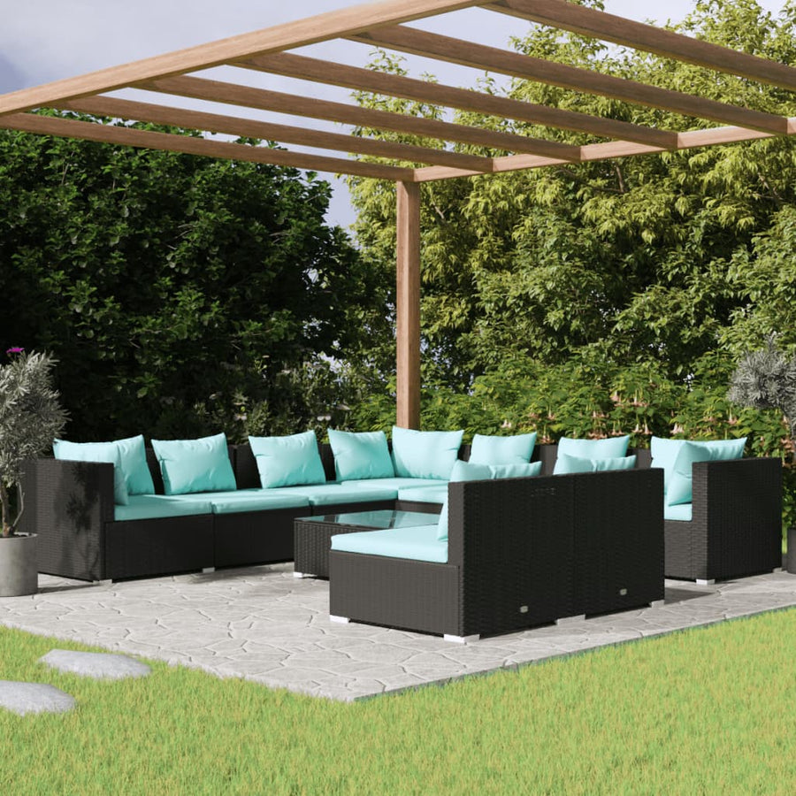 10-delige Loungeset met kussens poly rattan zwart