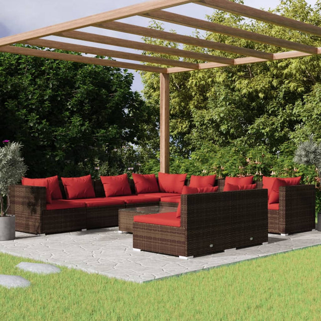 10-delige Loungeset met kussens poly rattan bruin Bruin en kaneelrood