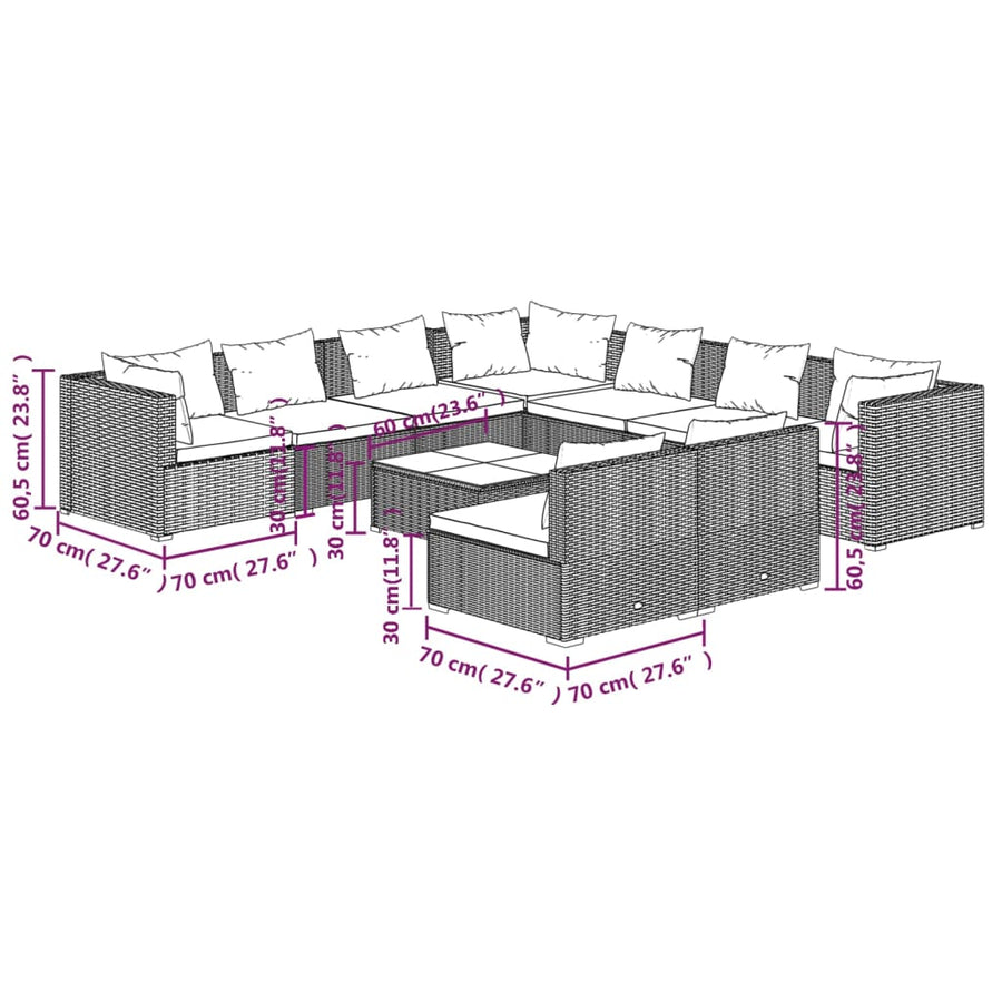 10-delige Loungeset met kussens poly rattan grijs
