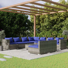 10-delige Loungeset met kussens poly rattan grijs Grijs en donkerblauw