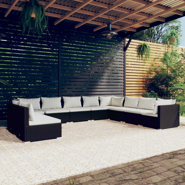 10-delige Loungeset met kussens poly rattan zwart Zwart en crème