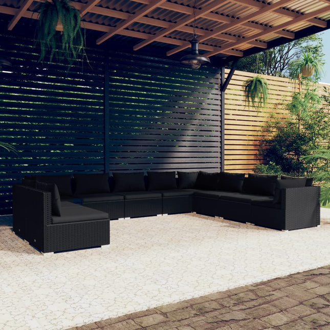 10-delige Loungeset met kussens poly rattan zwart Zwart