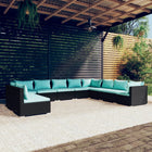 0-Delige Loungeset Met Kussens Poly Rattan Zwart En Waterblauw 3x hoek + 7x midden