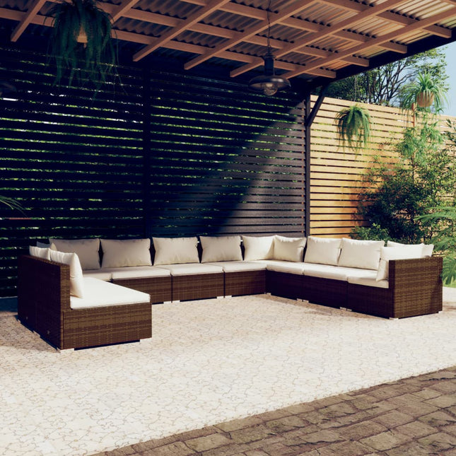 10-delige Loungeset met kussens poly rattan bruin 3x hoek + 7x midden