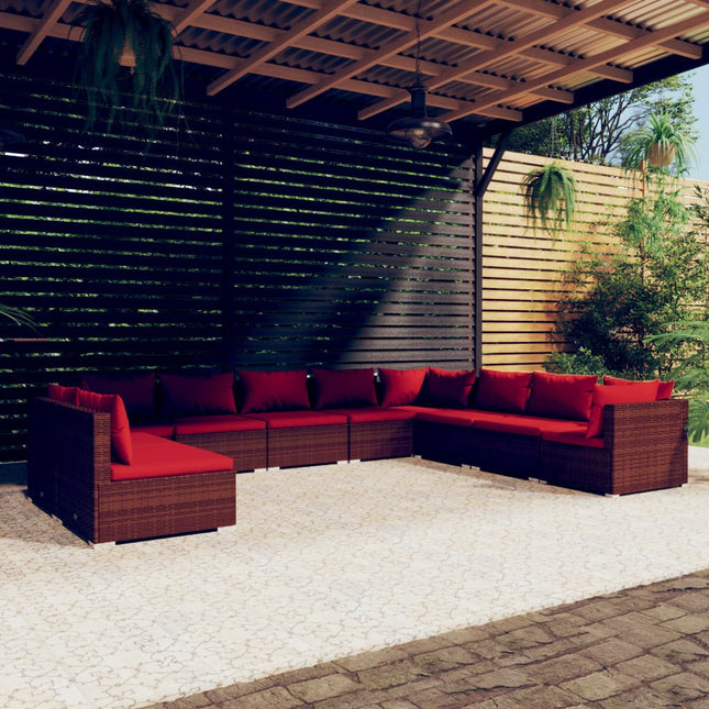 10-delige Loungeset met kussens poly rattan bruin 3x hoek + 7x midden