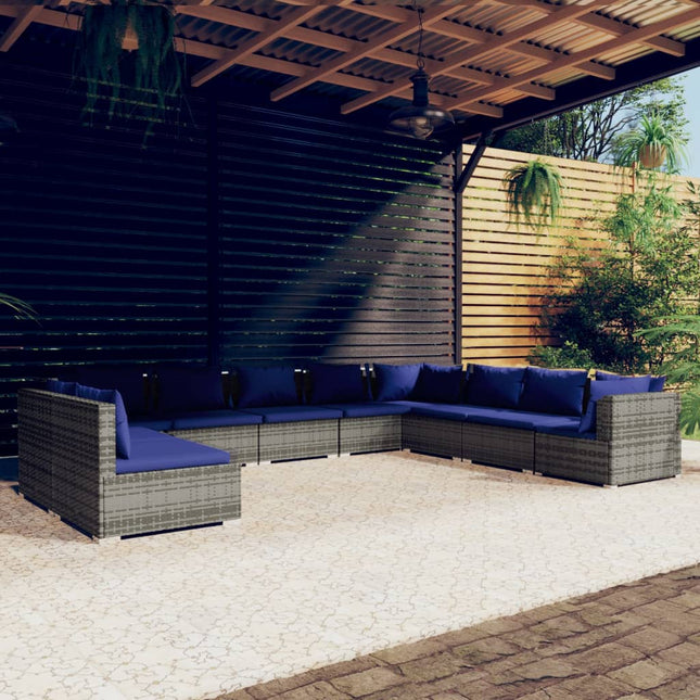 0-Delige Loungeset Met Kussens Poly Rattan Grijs En Donkerblauw 3x hoek + 7x midden