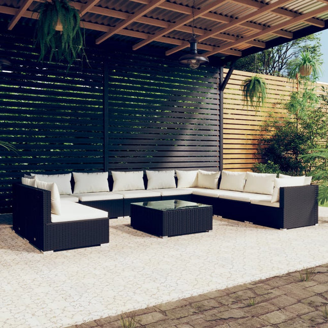 11-Delige Loungeset Met Kussens Poly Rattan Zwart Zwart en crème 3x hoek + 7x midden + Tafel