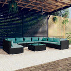 -Delige Loungeset Met Kussens Poly Rattan Zwart En Waterblauw 3x hoek + 7x midden + Tafel