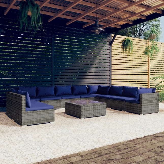 -Delige Loungeset Met Kussens Poly Rattan Grijs En Donkerblauw 3x hoek + 7x midden + Tafel