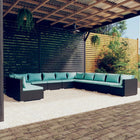 -Delige Loungeset Met Kussens Poly Rattan Zwart En Waterblauw 3x hoek + 8x midden