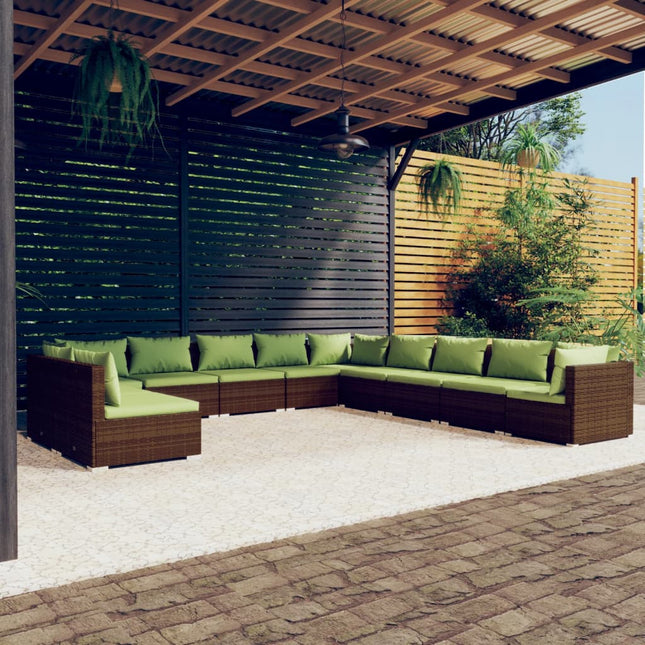 -Delige Loungeset Met Kussens Poly Rattan Bruin En Groen 3x hoek + 8x midden