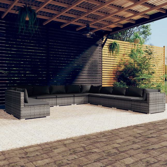 -Delige Loungeset Met Kussens Poly Rattan Grijs En Antraciet 3x hoek + 8x midden