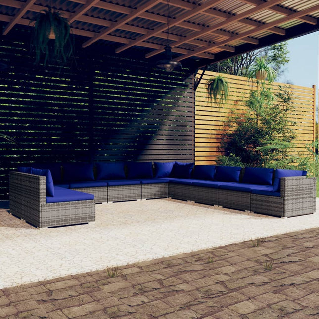 -Delige Loungeset Met Kussens Poly Rattan Grijs En Donkerblauw 3x hoek + 8x midden