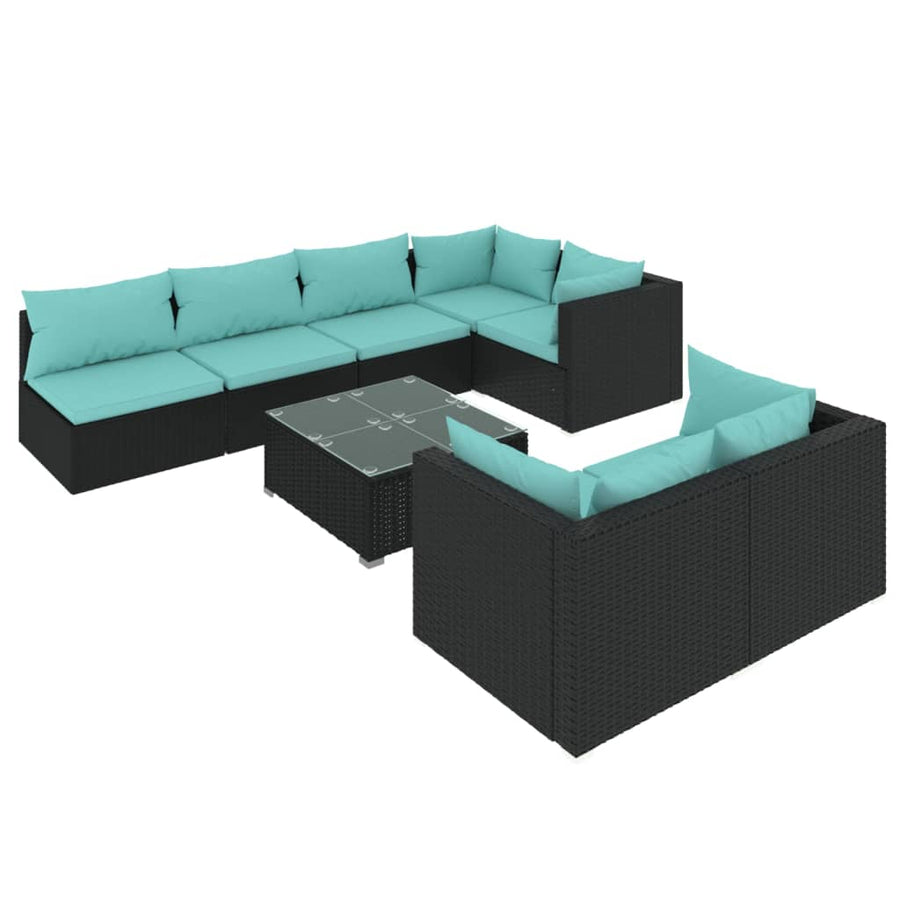 8-Delige Loungeset Met Kussens Poly Rattan Zwart En Waterblauw 4x hoek + 3x midden + Tafel