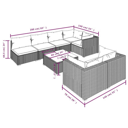 8-Delige Loungeset Met Kussens Poly Rattan Zwart En Waterblauw 4x hoek + 3x midden + Tafel