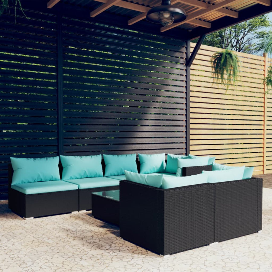 8-Delige Loungeset Met Kussens Poly Rattan Zwart En Waterblauw 4x hoek + 3x midden + Tafel