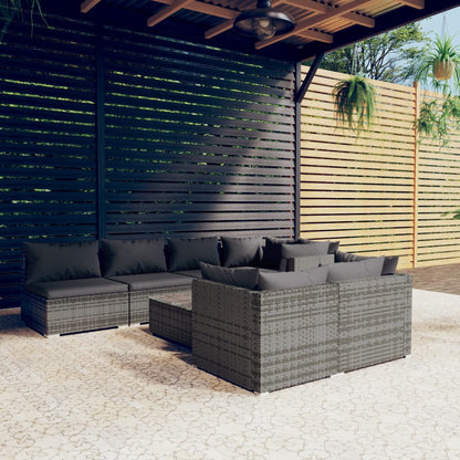 8-delige Loungeset met kussens poly rattan grijs
