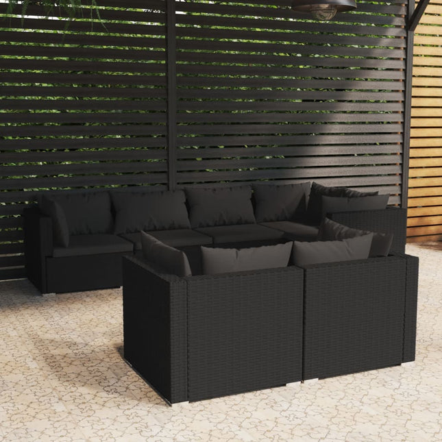 7-delige Loungeset met kussens poly rattan zwart 1 Zwart