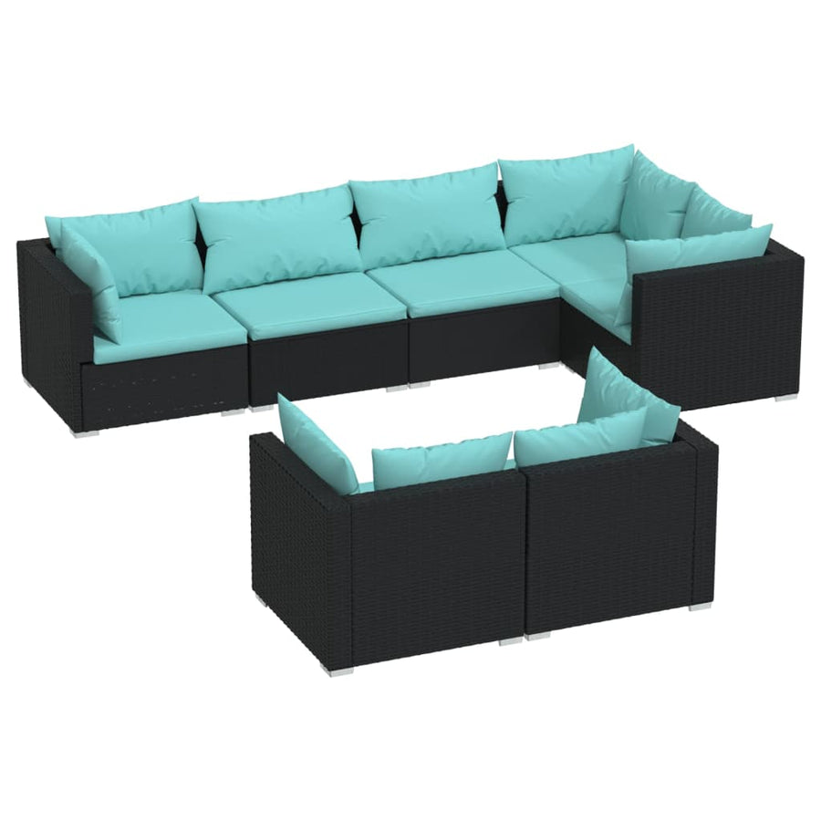 7-Delige Loungeset Met Kussens Poly Rattan Zwart En Waterblauw 5x hoek + 2x midden
