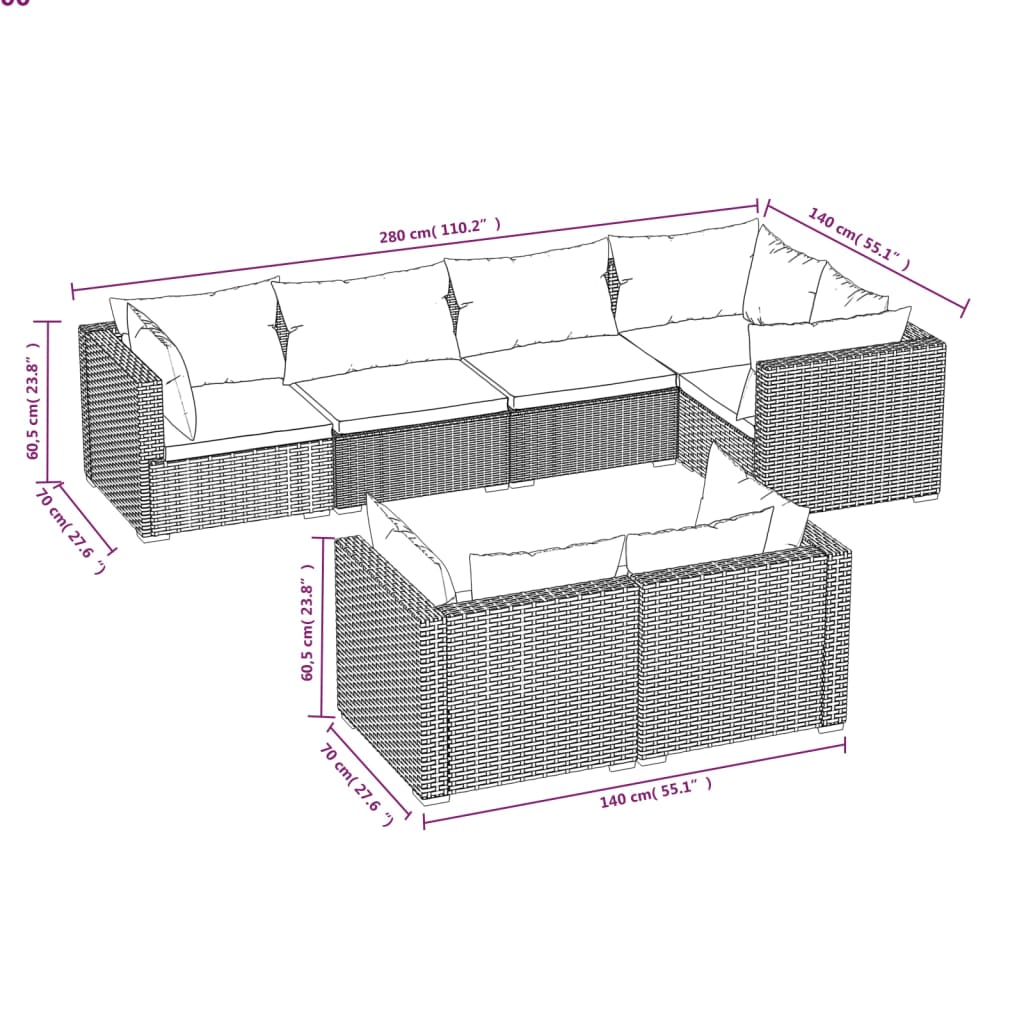 7-Delige Loungeset Met Kussens Poly Rattan Zwart En Waterblauw 5x hoek + 2x midden