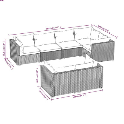 7-Delige Loungeset Met Kussens Poly Rattan Zwart En Waterblauw 5x hoek + 2x midden