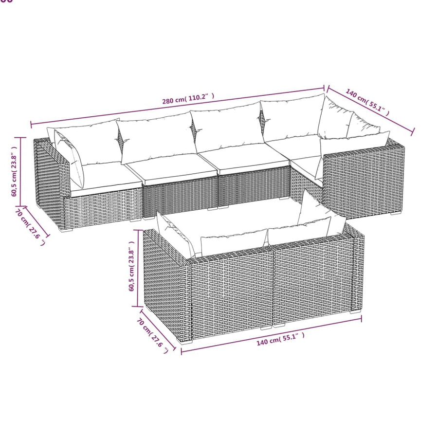 7-Delige Loungeset Met Kussens Poly Rattan Zwart En Waterblauw 5x hoek + 2x midden