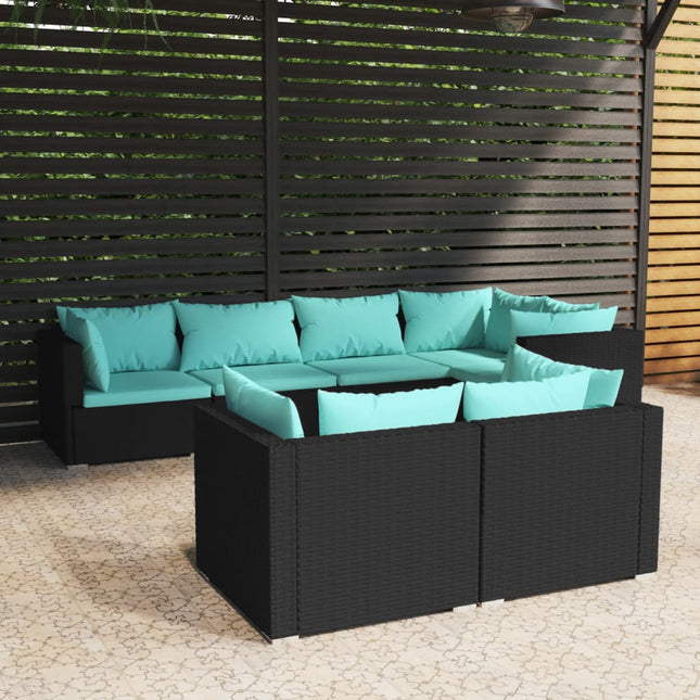 7-Delige Loungeset Met Kussens Poly Rattan Zwart En Waterblauw 5x hoek + 2x midden