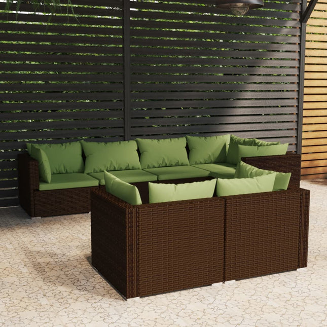 7-Delige Loungeset Met Kussens Poly Rattan Bruin En Groen 5x hoek + 2x midden