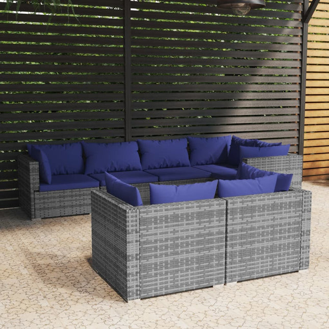 7-Delige Loungeset Met Kussens Poly Rattan Grijs En Donkerblauw 5x hoek + 2x midden