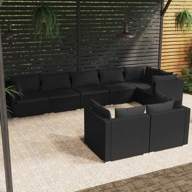 8-delige Loungeset met kussens poly rattan zwart 5x hoek + 3x midden