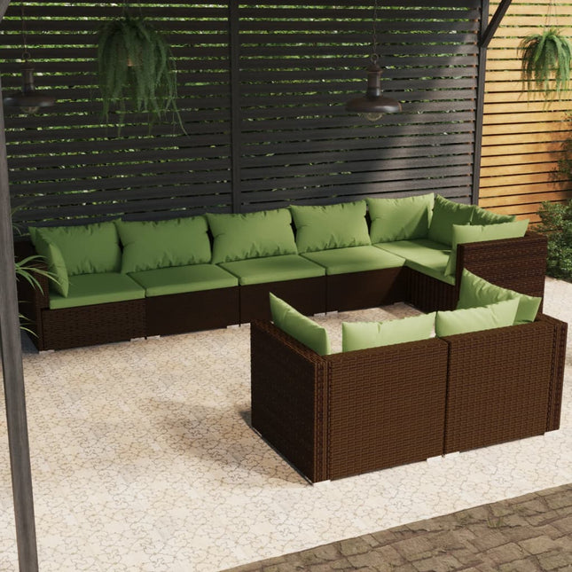 8-Delige Loungeset Met Kussens Poly Rattan Bruin En Groen 5x hoek + 3x midden