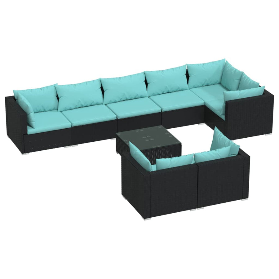 9-Delige Loungeset Met Kussens Poly Rattan Zwart En Waterblauw 5x hoek + 3x midden + Tafel