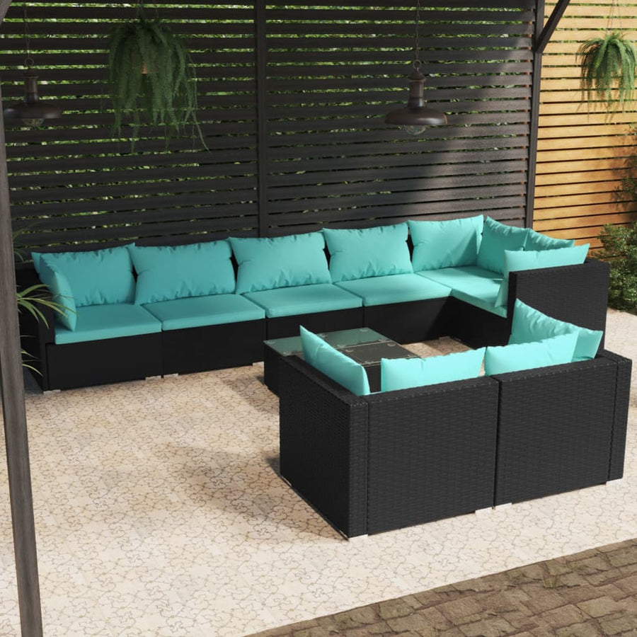 9-Delige Loungeset Met Kussens Poly Rattan Zwart En Waterblauw 5x hoek + 3x midden + Tafel