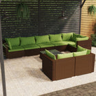 9-Delige Loungeset Met Kussens Poly Rattan Bruin En Groen 5x hoek + 3x midden + Tafel