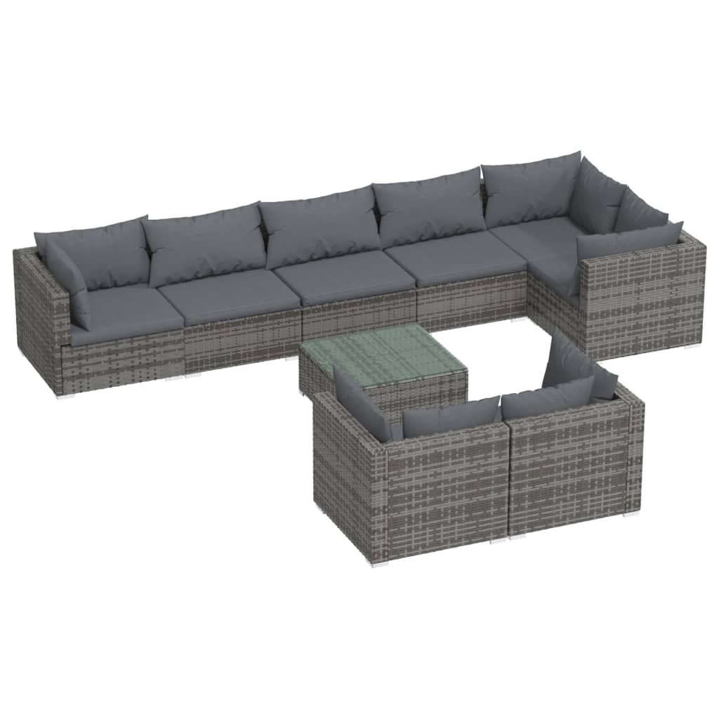 9-delige Loungeset met kussens poly rattan grijs