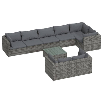 9-delige Loungeset met kussens poly rattan grijs