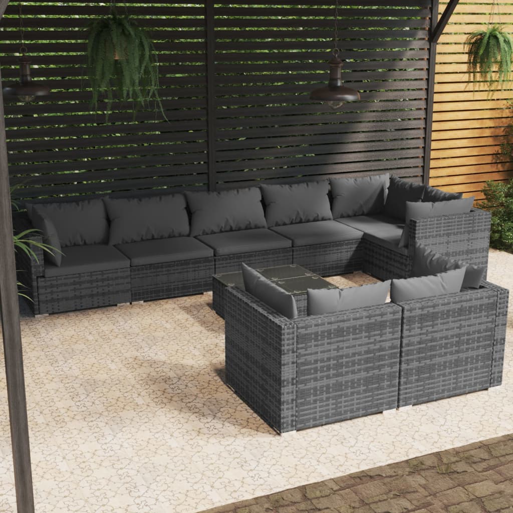 9-delige Loungeset met kussens poly rattan grijs