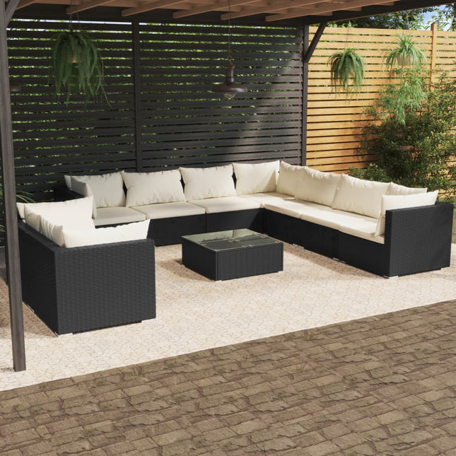 10-delige Loungeset met kussens poly rattan zwart Zwart en crème