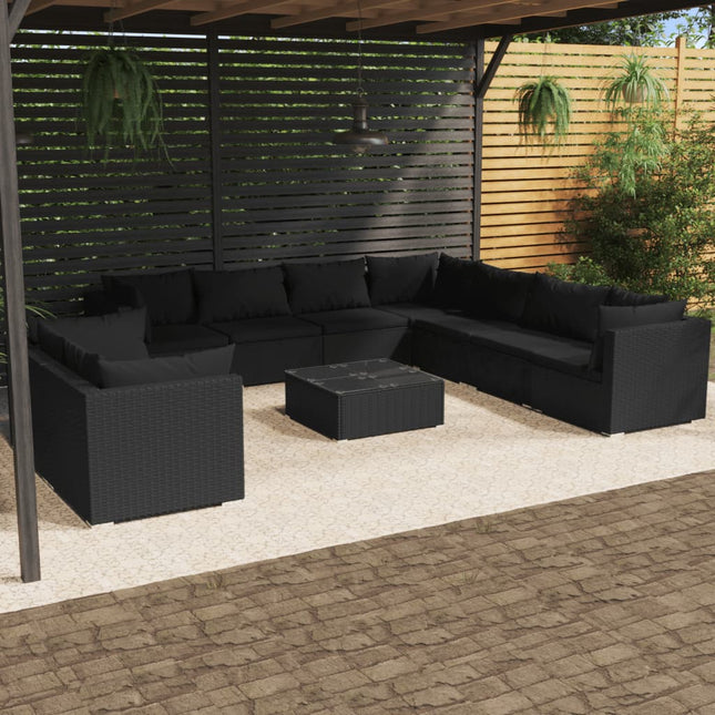 10-delige Loungeset met kussens poly rattan zwart 5x hoek + 4x midden + Tafel