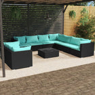 0-Delige Loungeset Met Kussens Poly Rattan Zwart En Waterblauw 5x hoek + 4x midden + Tafel