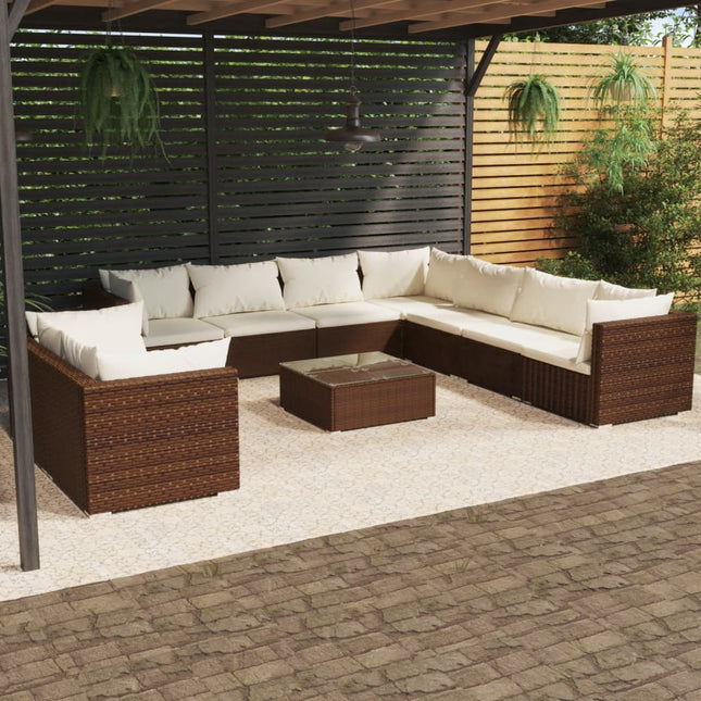 10-delige Loungeset met kussens poly rattan bruin 5x hoek + 4x midden + Tafel