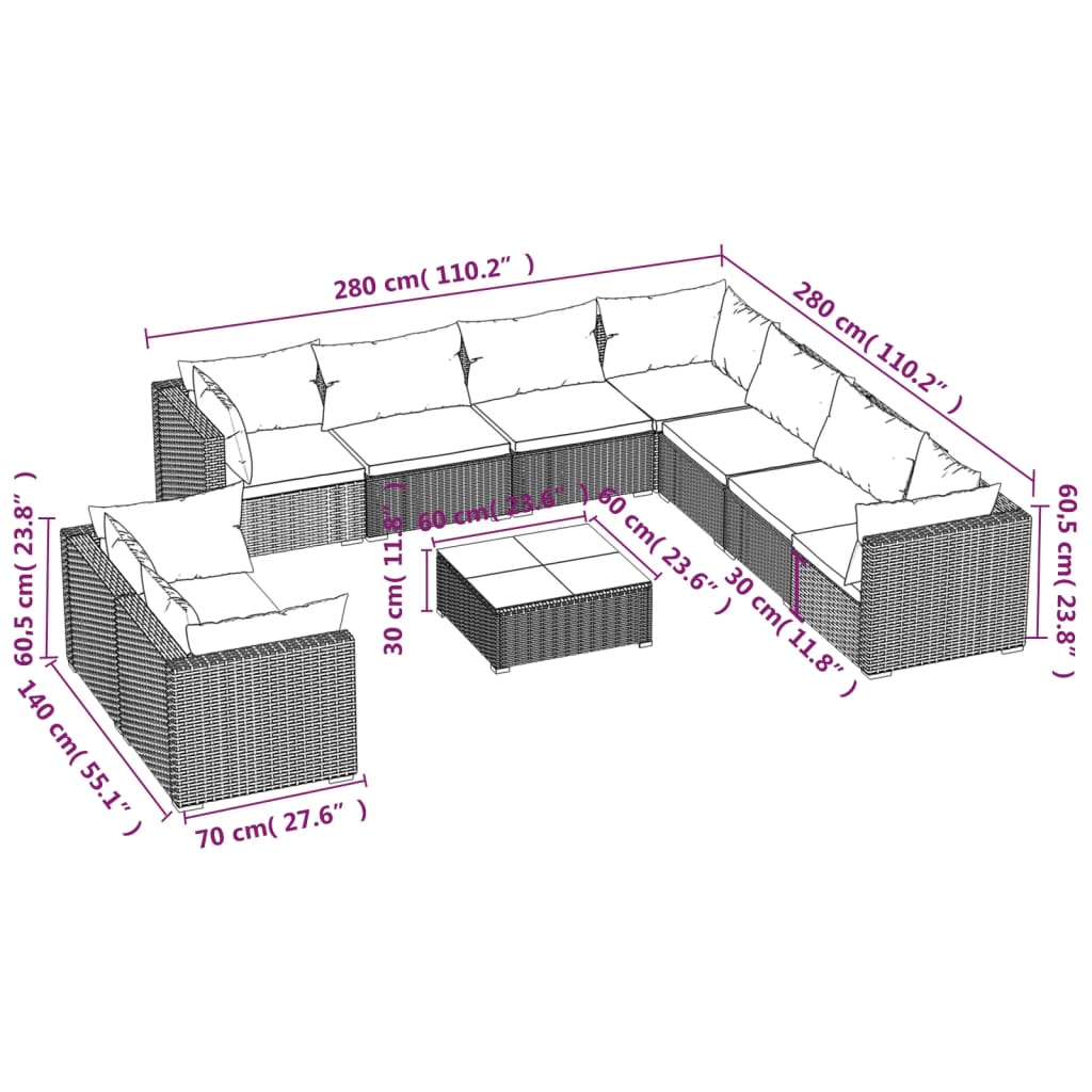 10-Delige Loungeset Met Kussens Poly Rattan 1