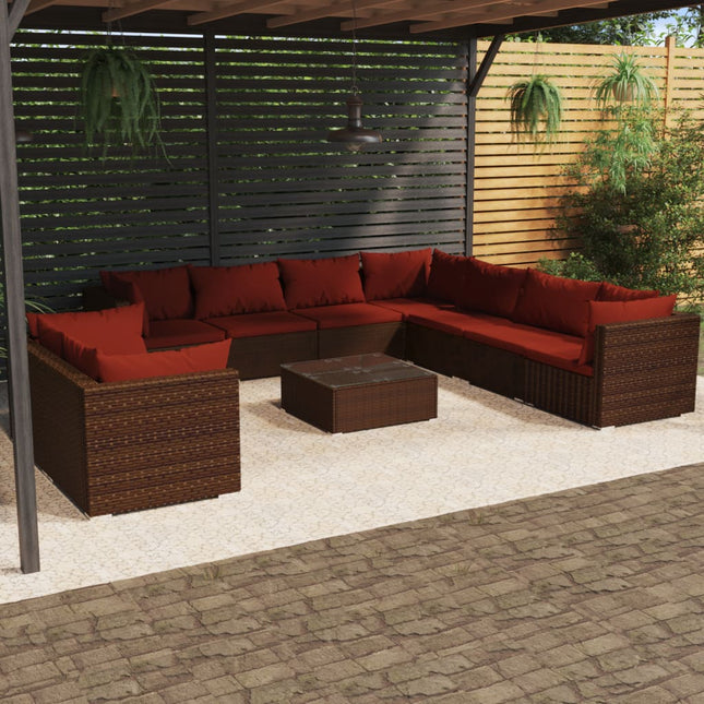 10-delige Loungeset met kussens poly rattan bruin 5x hoek + 4x midden + Tafel