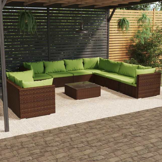 0-Delige Loungeset Met Kussens Poly Rattan Bruin En Groen 5x hoek + 4x midden + Tafel