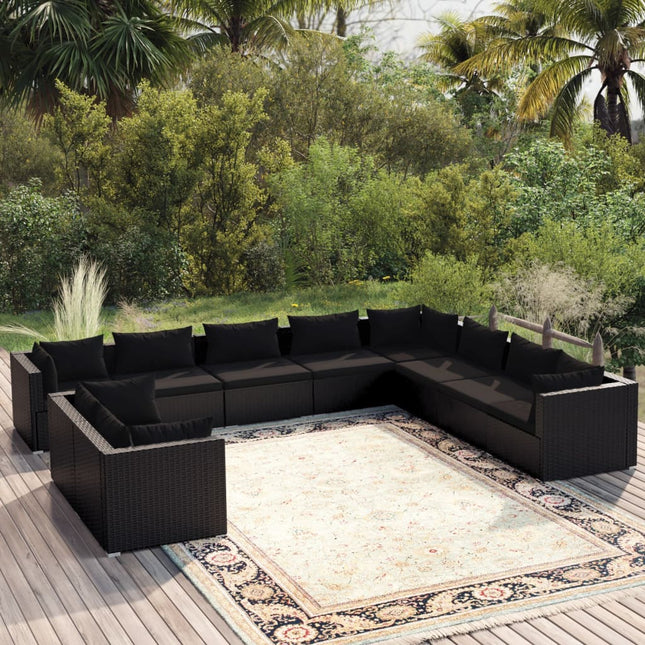 10-delige Loungeset met kussens poly rattan zwart 5x hoek + 5x midden