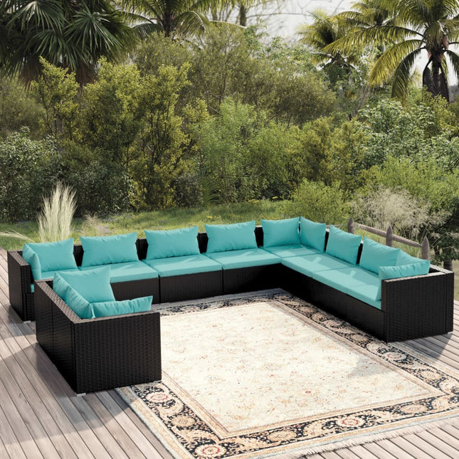 0-Delige Loungeset Met Kussens Poly Rattan Zwart En Waterblauw 5x hoek + 5x midden