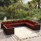 10-delige Loungeset met kussens poly rattan bruin Bruin en kaneelrood