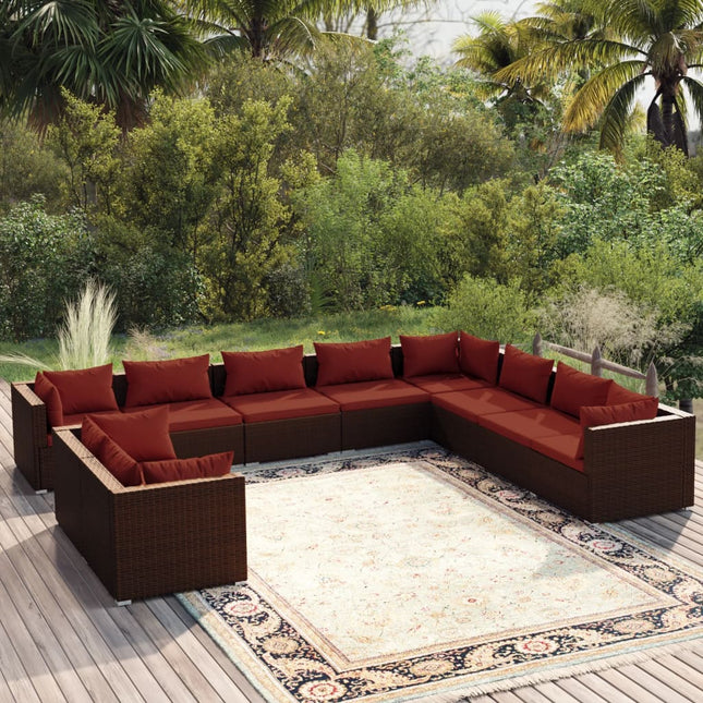 10-delige Loungeset met kussens poly rattan bruin Bruin en kaneelrood